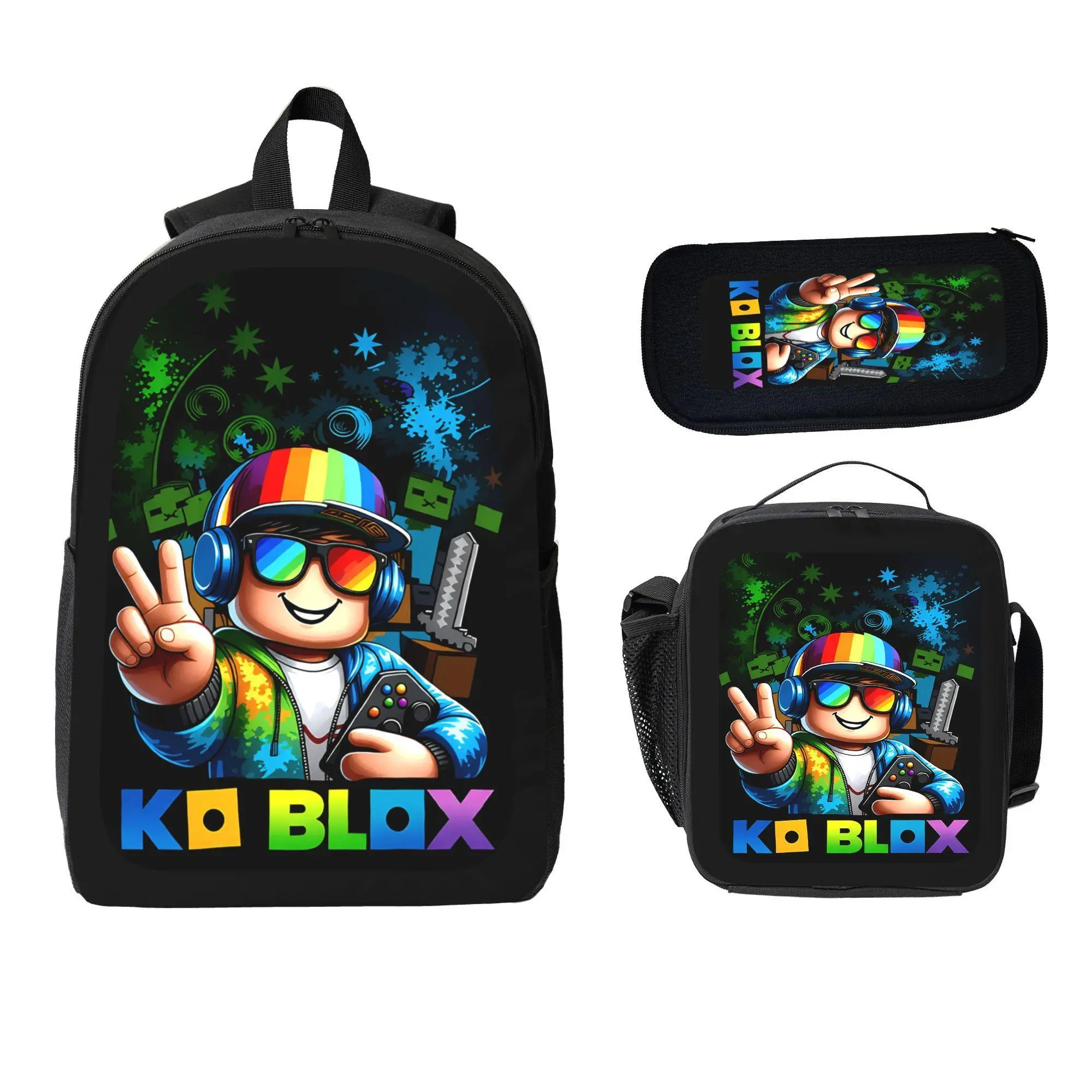 Roblox Gamer Character Squad 3-Piece Backpack Set for Boys Girls, Cool Rainbow Video Game School Backpack with Lunch Box and Pencil Case, Lightweight Large Capacity Bookbag Kids Teens Gift