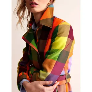 QYGOOD Waterproof Rainbow Check Double Button with Belt and Pockets, Elegant Outdoor Clothing for Women Autumn-Winter 2024, Chic and Unique