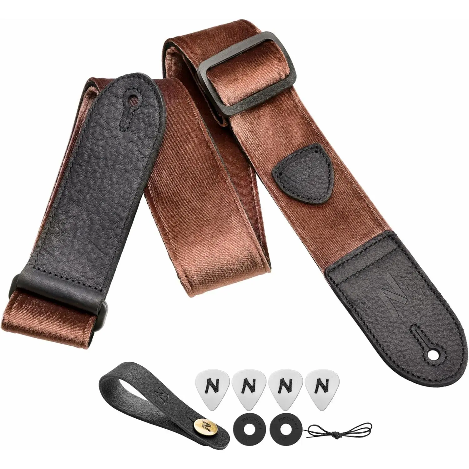 Guitar Strap,Double Full-Grain Leather Ends,  Strap/FREE BONUS-4 Picks+Strap Locks+Strap Button, For Bass,Electric&Acoustic Guitars( Coffee Brown)