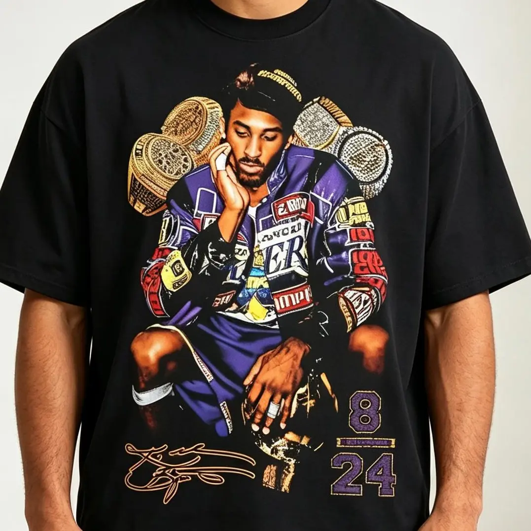 Kobe Bryant 5 Ring Black White Graphic Print Men's T-Shirt Crew Neck Size S-5XL