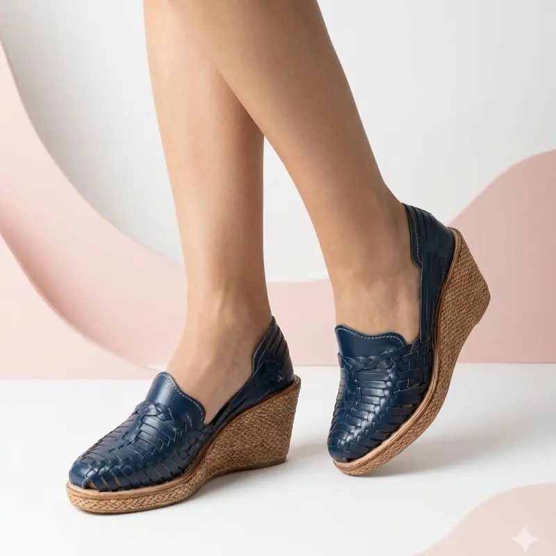 Media plataforma azul marino Handmade Leather Wedge – Michoacán, Mexico, Genuine Woven Leather, Lightweight & Comfortable, Elegant Artisan Design, Ideal for Daily Wear