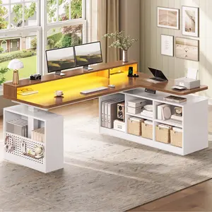 Sedeta 63x39.3in L-Shaped Electric Height-Adjustable Standing Desk - Sturdy Computer Desk with Wooden Top, Storage Shelves, LED Lights, Power Outlet, Pegboard, Wood Drawers for Gaming, Office Use