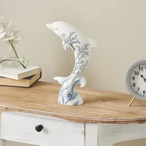 White Polystone Dolphin Curved Decorative Sculpture with Blue Coral Patterns