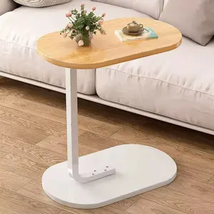 Modern C-Shaped Side Table - Light Brown Beige Wood Color Top with White Wood Base - Couch Laptop End Table Food Stand