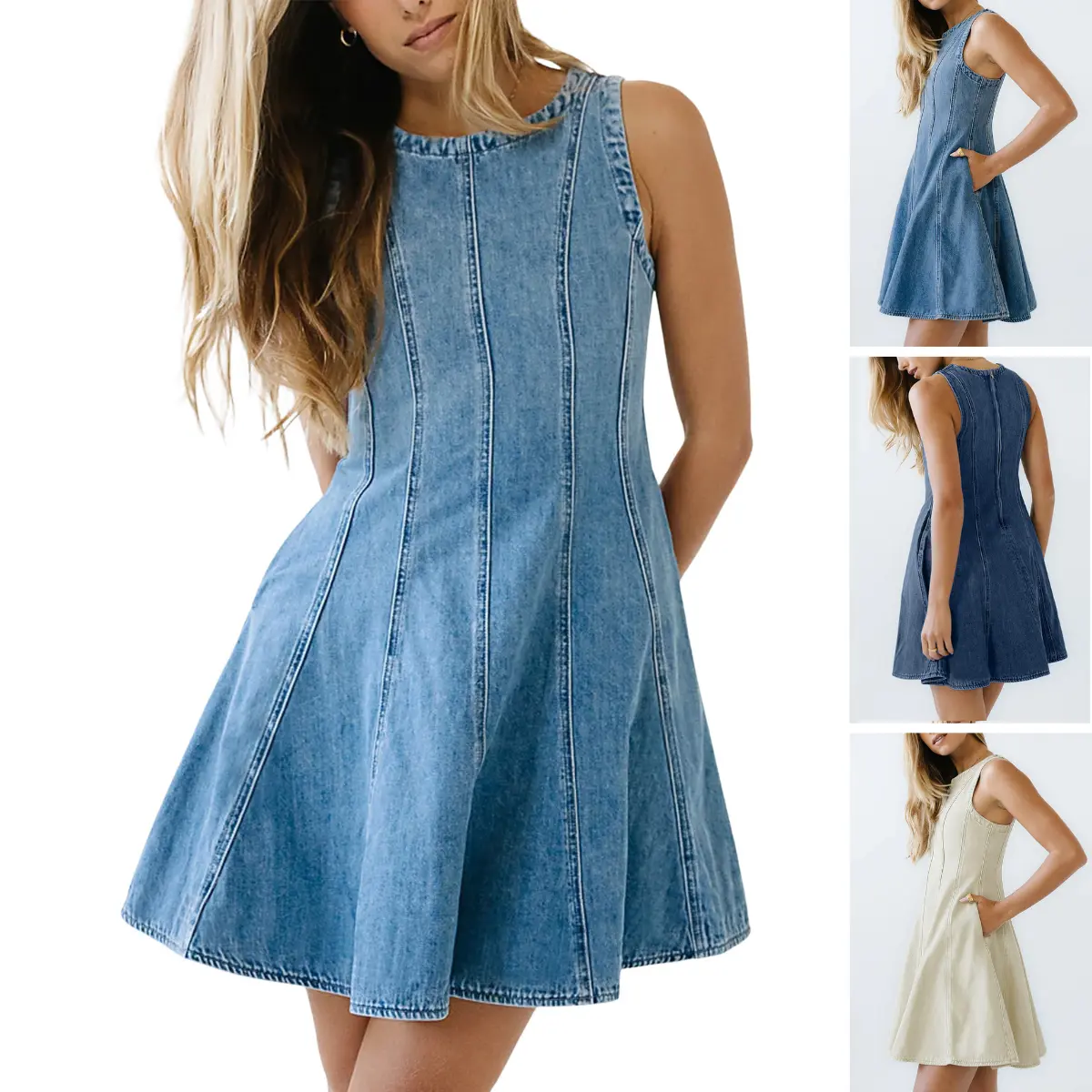 JovenPara Womens Casual Denim Dresses Summer Y2K Sleeveless Stretchy Babydoll A Line Zipper Trendy Flowy Tank Mini Jean Dress  Beach Sundress Back To School Party Dress