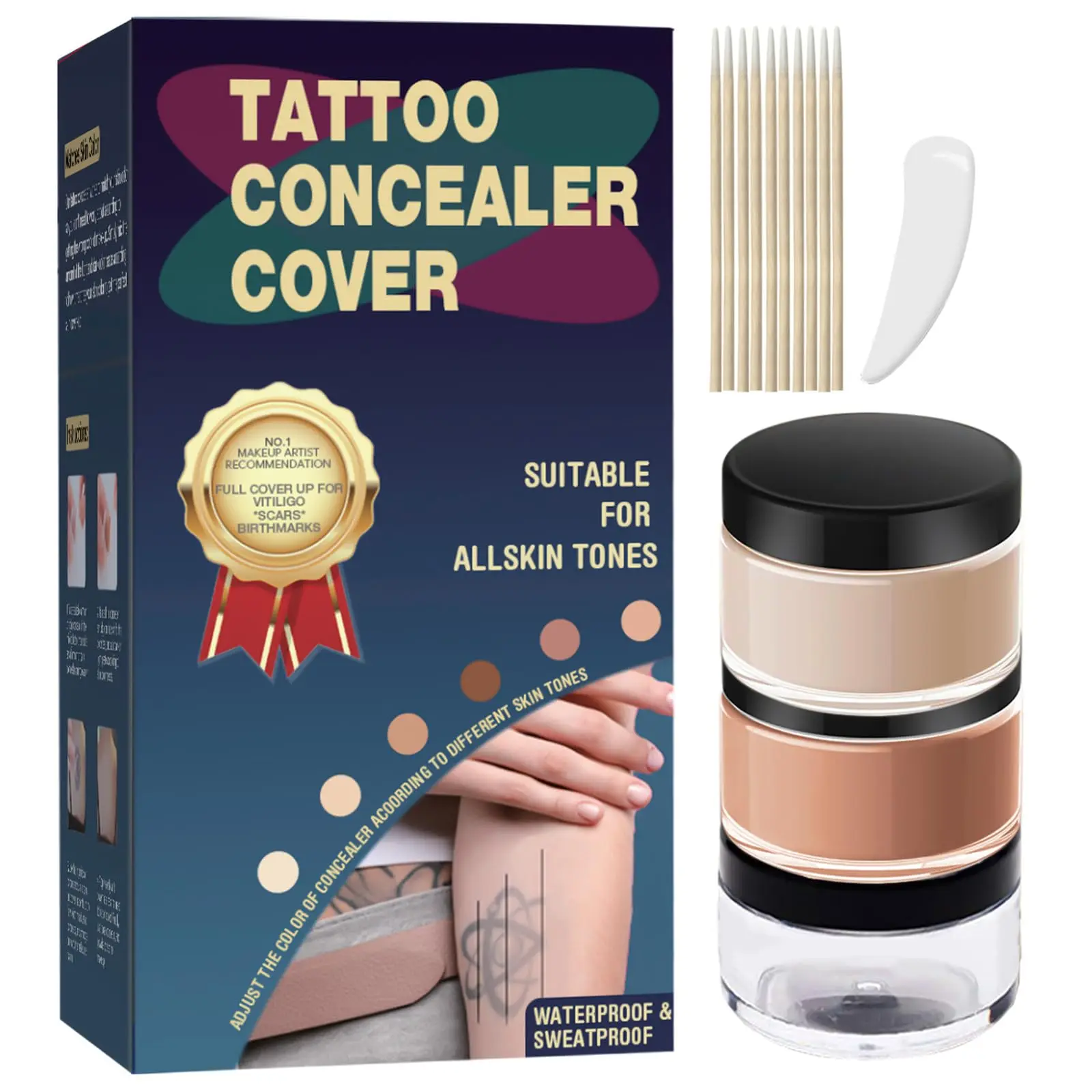 Tattoo Concealer Cover – Waterproof & Sweatproof – Full Coverage for Vitiligo, Scars, Birthmarks, Bruises & Tattoos – Suitable for All Skin Tones – No.1 Makeup Artist Recommended – 2 Shades Available