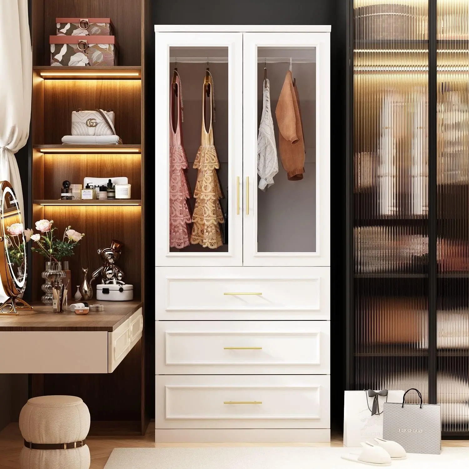FUFU&GAGA Modern Armoire Wardrobe Closet Organizer - White Bedroom Divided Organizer with 2 Glass Doors, 3 Drawers, Hanging Rod, Gold Handles, Clean Aesthetic Closet Storage (31.7”W x 19.3”D x 74.9”H), Divided Organizer Wardrobes