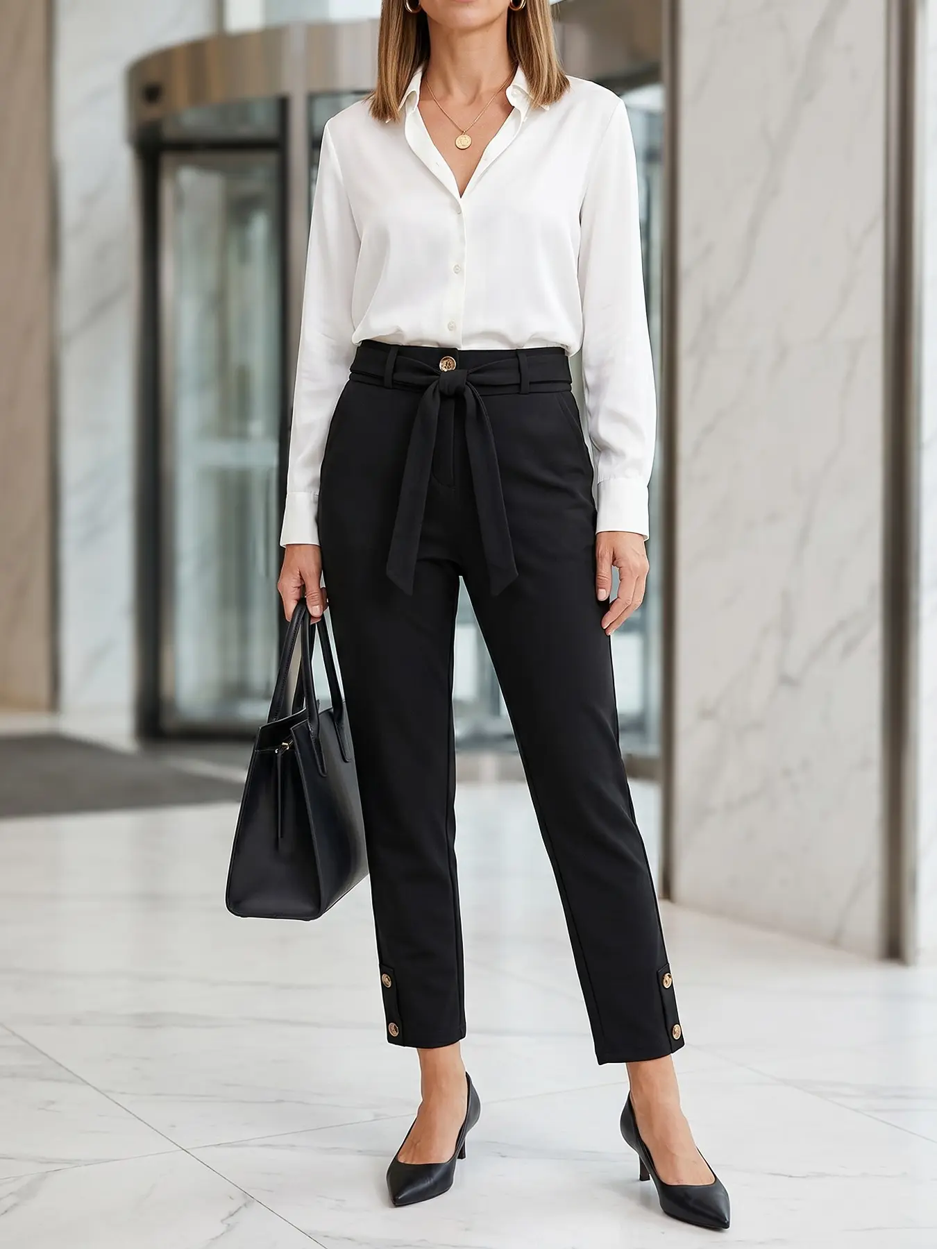 Women's Elegant Black Business Pants Fit, Professional Office Trousers with Belt, Unique Button Details, Chic Career Bottoms, All Seasons, Womenswear