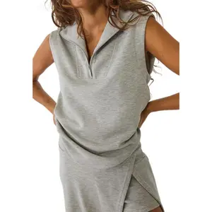 Women's 2-Piece Activewear Athletic Skort Set - Summer Sleeveless Half-Zip Sweatshirt, Gym Athleisure Wear Set, Casual Tennis Outfits, Comfortable Sweatsuits