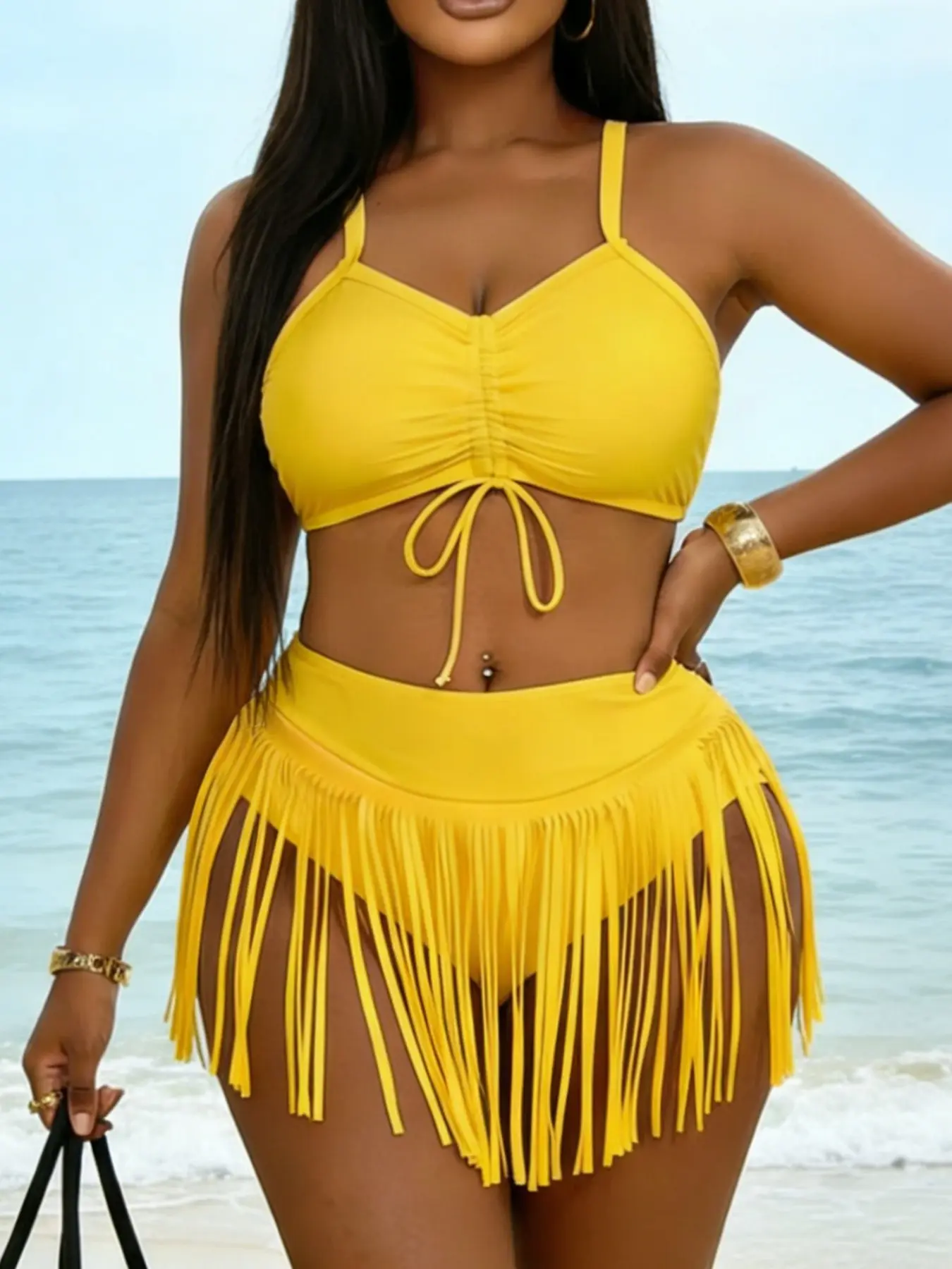 Women's Plus Size Solid Color Drawstring Fringe Bikini Set, 2-Piece Tie Swimsuit, Drawstring Swimsuits, Swimsuit Sets, European and American Style, Summer Bikini Beach, Perfect for Beach, Pool and Sea