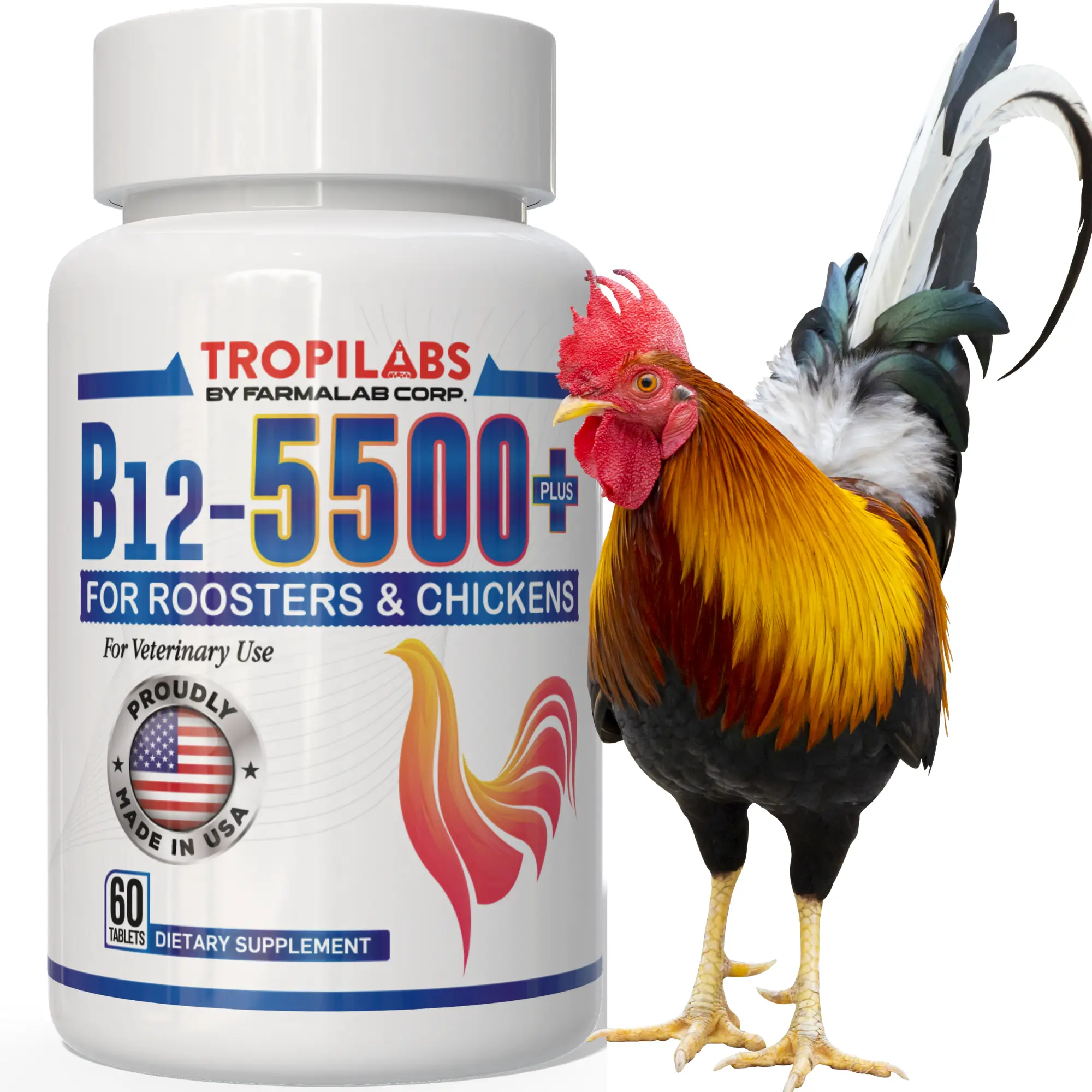 FARMALAB Natural Vitamin B12 5500 High-Potency Water-Soluble Poultry Healthcare Capsules - Gamefowl Friendly for Chickens, Roosters, Prop 65 Safe, Supports Nerve Cell Health, DNA Synthesis, Red Blood Cell Formation, Optimal Growth & Feeding