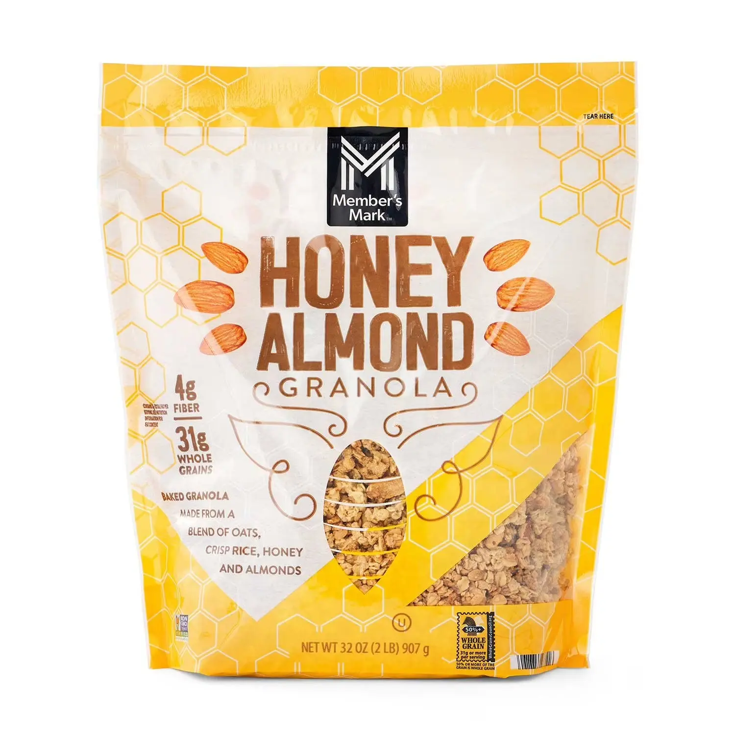 Member's Mark Certified Organic Honey Almond Flavor Granola Cereal - 32 oz Large Size, Non-GMO, Natural, High-Fiber Oats, Molasses, Canola Oil, Resealable Bag for Cupboard Freshness Preservation, Pantry Breakfast Food