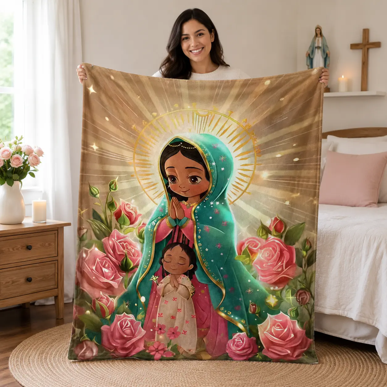 Our Lady of Guadalupe Flannel Blanket Catholic Prayer Throw Blessed Virgin Mary Soft Cozy Fleece Blanket Christian Faith Floral Gift
