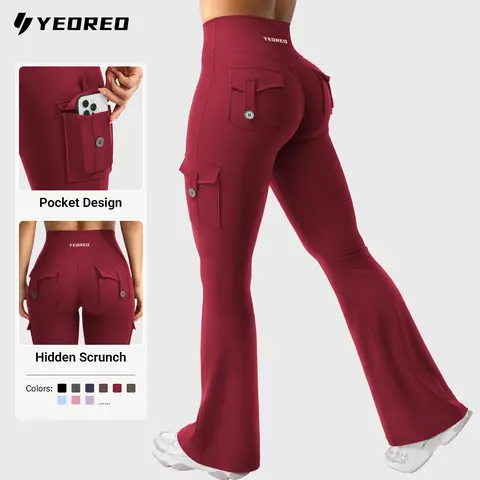YEOREO CoreFlex Women's Leggings - High Waisted, Hidden Scrunch, Flare Leg, Cargo Pockets, No Front Seam, Buttery Soft, UV-Protective, 28"/30"/32"/34" Inseam for Yoga, Gym, Leggings Women,outdoorfun