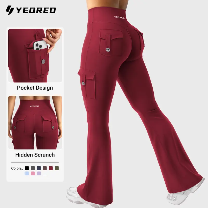 YEOREO CoreFlex Women's Leggings - High Waisted, Hidden Scrunch, Flare Leg, Cargo Pockets, No Front Seam, Buttery Soft, UV-Protective, 28"/30"/32"/34" Inseam for Yoga, Gym, Leggings Women,outdoorfun