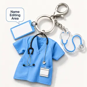 Acrylic 2D Keychain Charm—featuring a cute pink-and-blue scrub top and stethoscope charm, plus a signature area. Perfect as an everyday ID badge accessory for nurses, a stylish bag charm, or a gift for nurse friends. decorative key exquisite