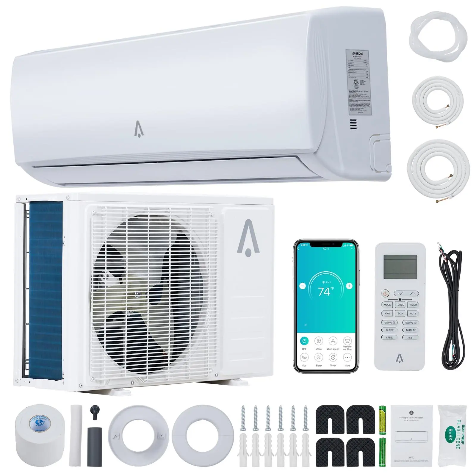Garvee 21 Seer2 Split Air Conditioner, 12,000 Btus Mini Split Ac/Heating System, Inverter Ductless Air Conditioner w/Alexa, Heat Pump & Installation Kit, Wall Mounted Ac Unit Cools Room Up to 750 Sq.Ft, 115V
