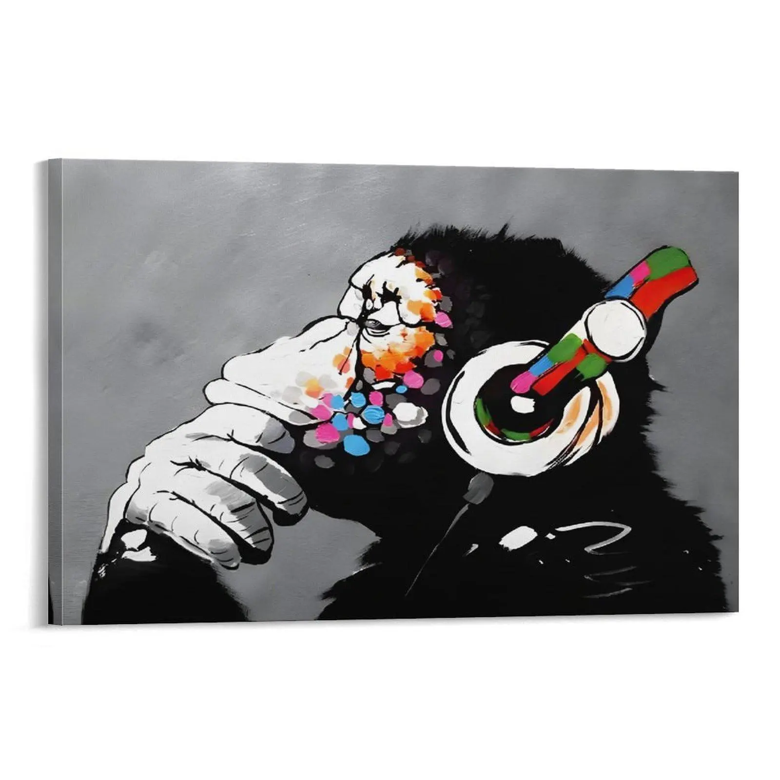 Art Monkey with Headphones Canvas Print Banksy Style DJ Chimp Pop Art Cool Ape Abstract Wall Art for Living Room Bedroom Home Decor Stretched Office Decoration