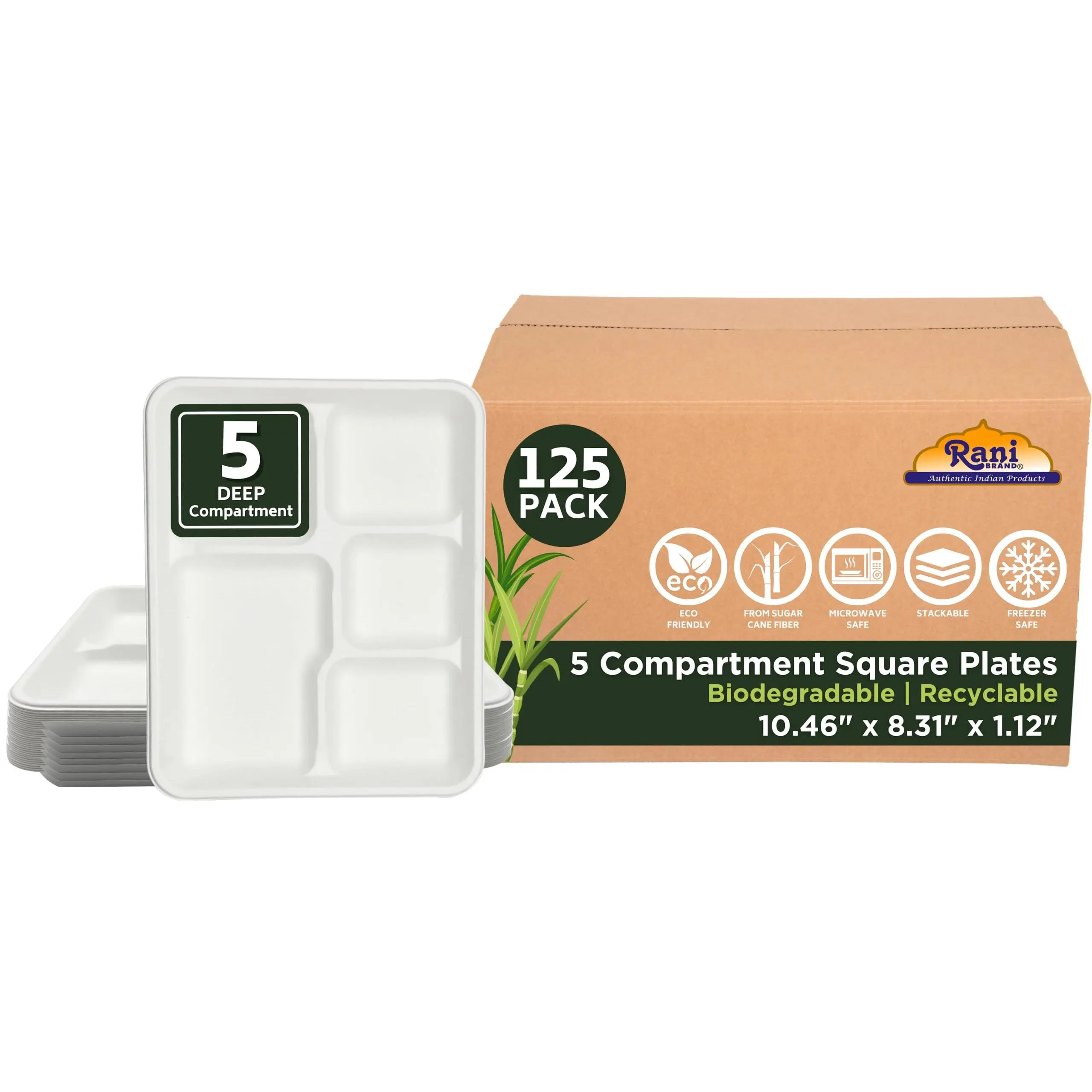 5 Compartment Square Biodegradable Divided Plates - Pack of 125 - Rani Brand Authentic Indian Products