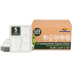 5 Compartment Square Biodegradable Divided Plates - Pack of 125 - Rani Brand Authentic Indian Products