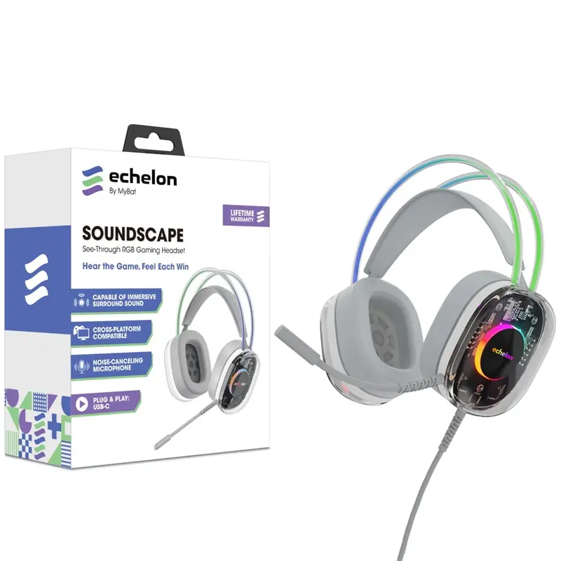 SoundScape See-Through RGB Gaming Headsets - USB-C Mic, Grey, Capsule Surround Sound, Noise-Cancelling Microphone, Headset for Gaming