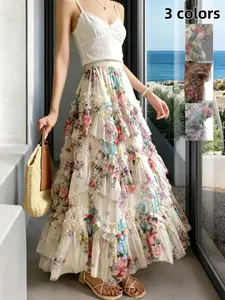 French Elegance Irregular Lace Cake Skirt, Lace Layered Skirt, Bohemian A-Line Long Dress, Valentine's Day Lolita Princess Dress, Casual & Party Wear