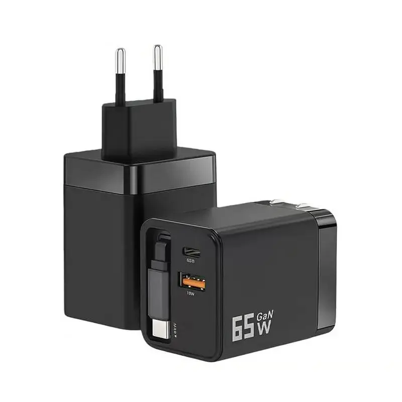 Chargeur USB‑C GaN 65 W modèle 2026 (avec câble rétractable) : dispose de trois ports USB‑C, prend en charge la charge rapide pour MacBook, est compatible avec iPhone, Galaxy, iPad et Switch, et supporte la charge USB‑C à 65 W.