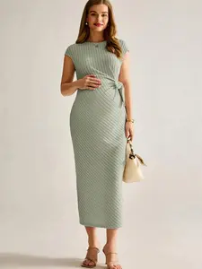 KATHYE Maternity Casual Solid Color Knitted Ribbed Fitted Dress Green