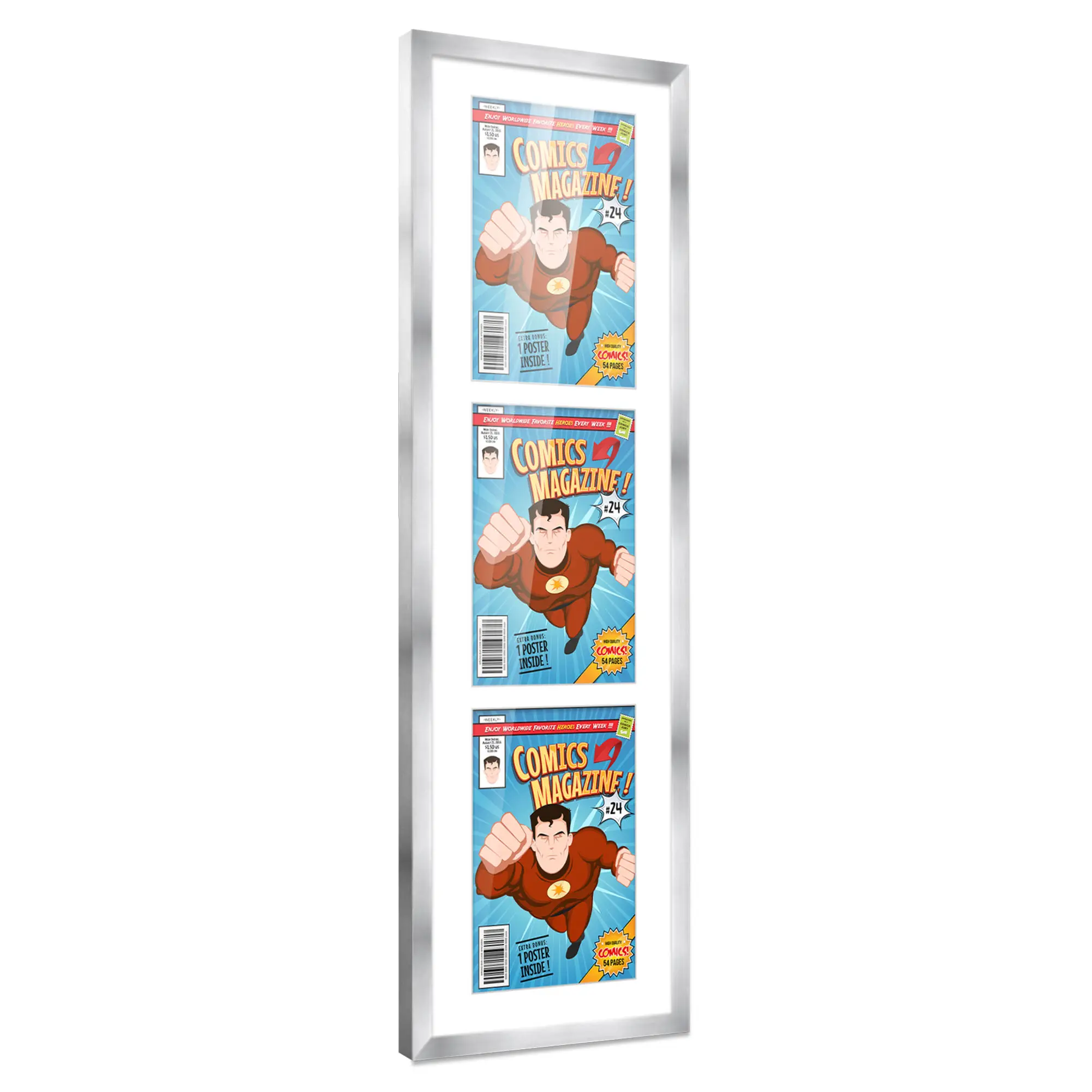 Comic Book Frame with Mat for 3 Current Era Comics Published After 1985 - Silver Wood Comic Frame With White Mat for 6.875x10.5 Comics - 11.25x36 Frame Size