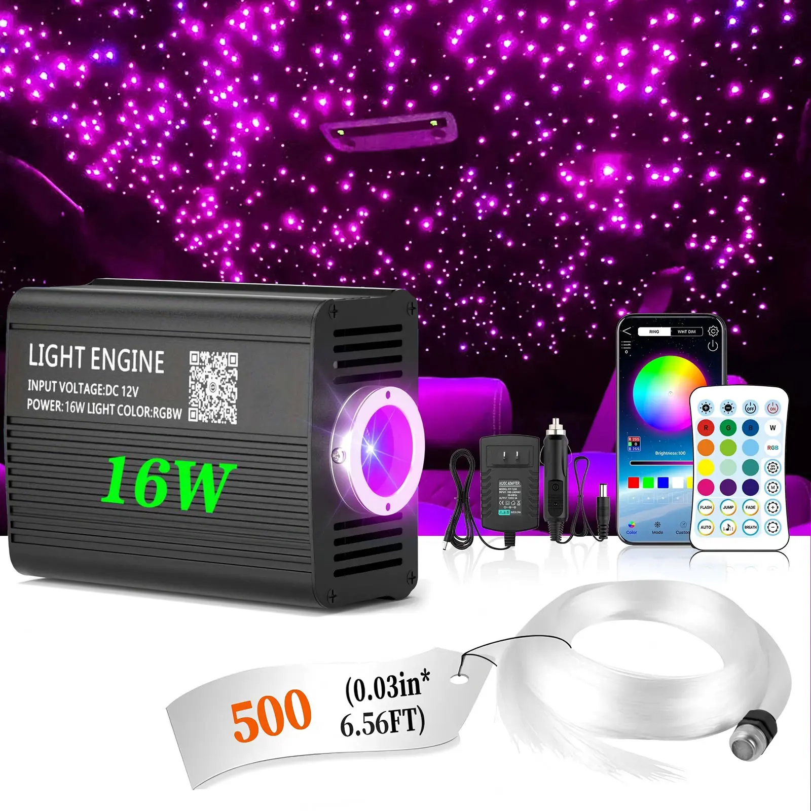 VASTFIRE RGBW Star Ceiling Fiber Optic Lights Kit, 500x0.03in 6.5ft/9.8ft Fibers, 16W Bluetooth APP Control, Adjustable Flash & Meteor Effects, Star Projector Headliner with Strobe Car Lights for Home Theater, Car Interior Ambient Lighting, Car Interior L