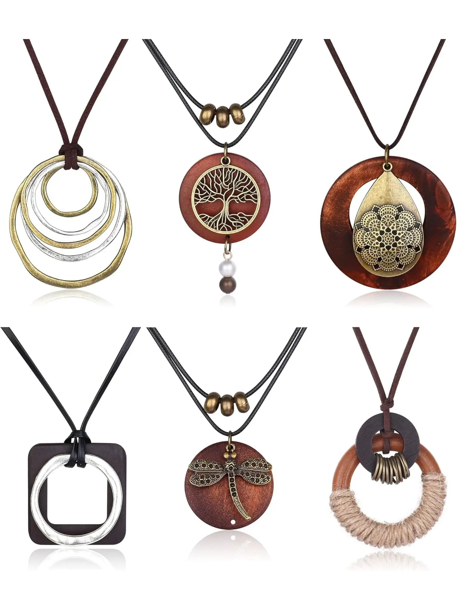 6Pcs Long Pendant Necklaces for Women, Boho Style Vintage Wood Fall Sweater Necklaces Set, Statement Peace Sign Y Necklace, Hippie Handmade Chain Jewelry Accessories, Necklace Gift