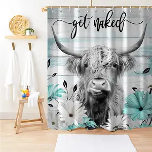 Highland Cow Pattern Bathroom Set, 1 Shower Curtain with 12 Hooks, 1 Toilet Lid Cover, 1 Rectangular Mat, 1 U-shaped Mat, Bathroom Accessories, Restroom, Bathroom Decoration Accessories, Shower Curtain Sets