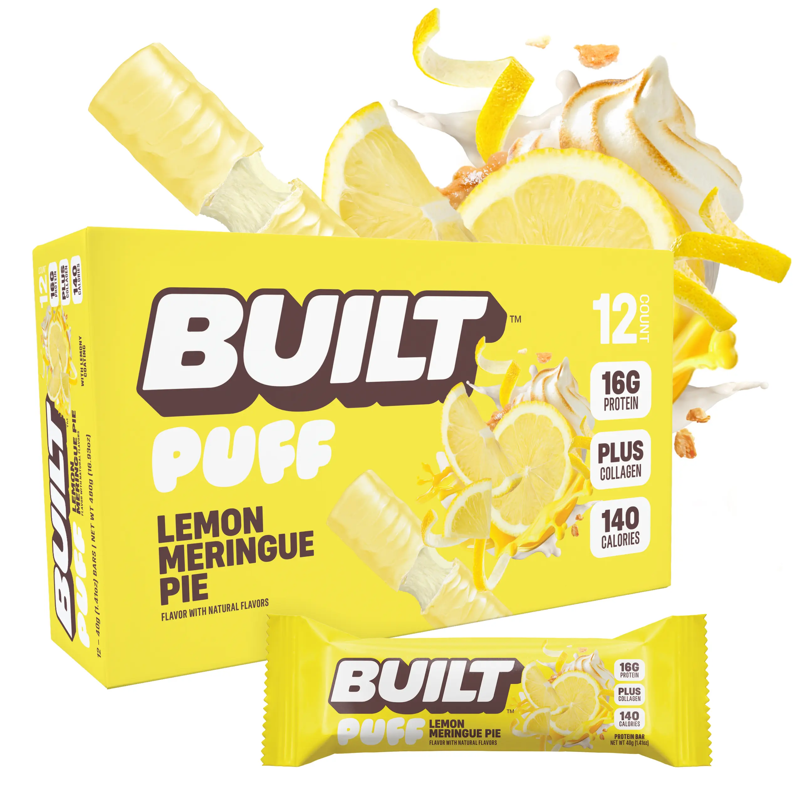 Official BUILT Bar, Puff Protein Bar Snack, Lemon Meringue Pie Puff, 16g Protein, 140 Calories, Collagen, Gluten Free, 12 Count Box