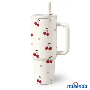 1 Pc 40 Oz Stainless Steel Water Cup with Handle and Folding Straw, Red Cherry Pattern Design, Double Wall Insulated Thermal Mug, Vacuum Insulated Tumbler, Hot 12H / Cold 24H, Drinkware, Mother's Day Holiday Gift for Friends.