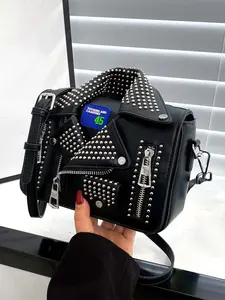 Motorcycle Jacket Shape Rivet Shoulder Handbag Crossbody Bag, Fashionable Punk Rock Style Casual Flap Pocket Shoulder Bag, Casual Niche Versatile Trend Bag, The First Choice for Halloween, Suitable for Daily Travel, Attending Parties, Etc.