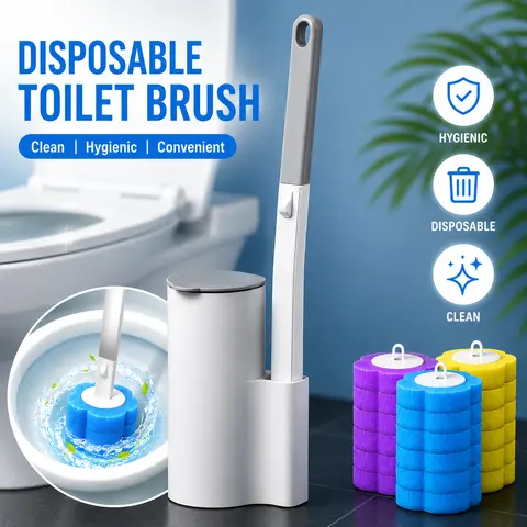 Disposable Toilet Cleaning System - Long Handle Disposable Toilet Brush with Replaceable Sponges, 360° Rotatable Rim-Under Deep Cleaning Head, Sterile No-Mess Cleaner, Freestanding Storage Box for Daily Use, Airbnb Hosts