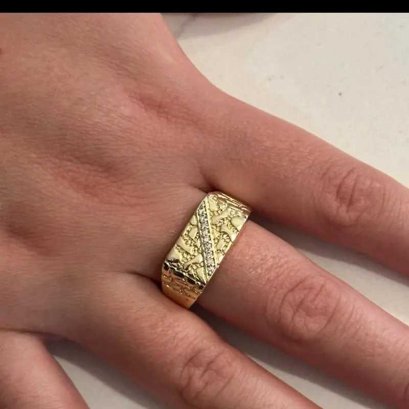 14K Gold Plated Nugget Ring with diamonds Square Design (D)