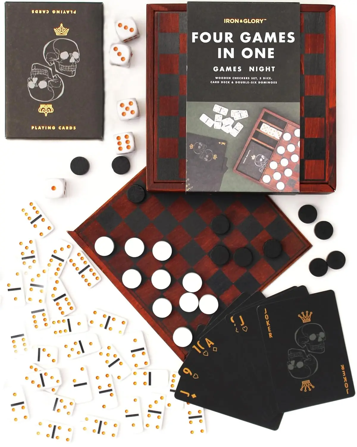 Iron & Glory Games Night - Wooden Games Compendium with Dice Set Playing Cards Dominoes Set & Checkers - 4 in 1 Travel Game for Adults | Adult Board Game - Coffee Table Decor & Living Room Decor