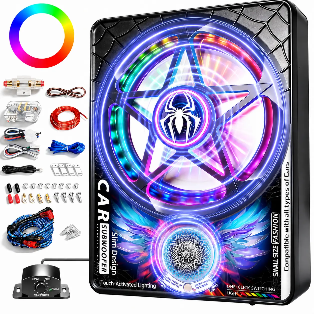 TANVSO 3000W 10-Inch Low Profile Slim Design 3-Way Underseat Car Subwoofer and Amplifier Package with Ambient Light, Individual Low Pass/Gain/Boost Bass Control, Loud Stereo Deep Bass for Cars, Trucks, Aluminum