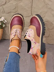 Women's Floral Patchwork Chunky Heel Platform Shoes, Adjustable Buckle Design, Casual PU Leather Sneakers for Daily Wear & Office