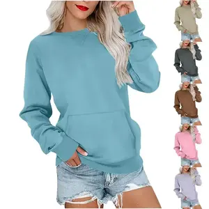 2025Women's Crewneck Hoodless Sweatshirt With Kangaroo Pocket  Fleece Longsleeve Oversized Casual Style Shirt