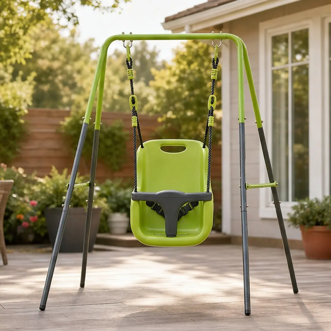 ARCH Unisex Indoor-Outdoor Infant Swing with Stable Steel Frame, Secure Strap, Safety Ergonomic Full Body Seat, Compact Design, Washable, Easy Assembly, Black+Green, 6 Months-2 Years, 14.33 lb, 20.67 l x 15.75 w x 11.81 h in, for Nursery, Garden, Stable S