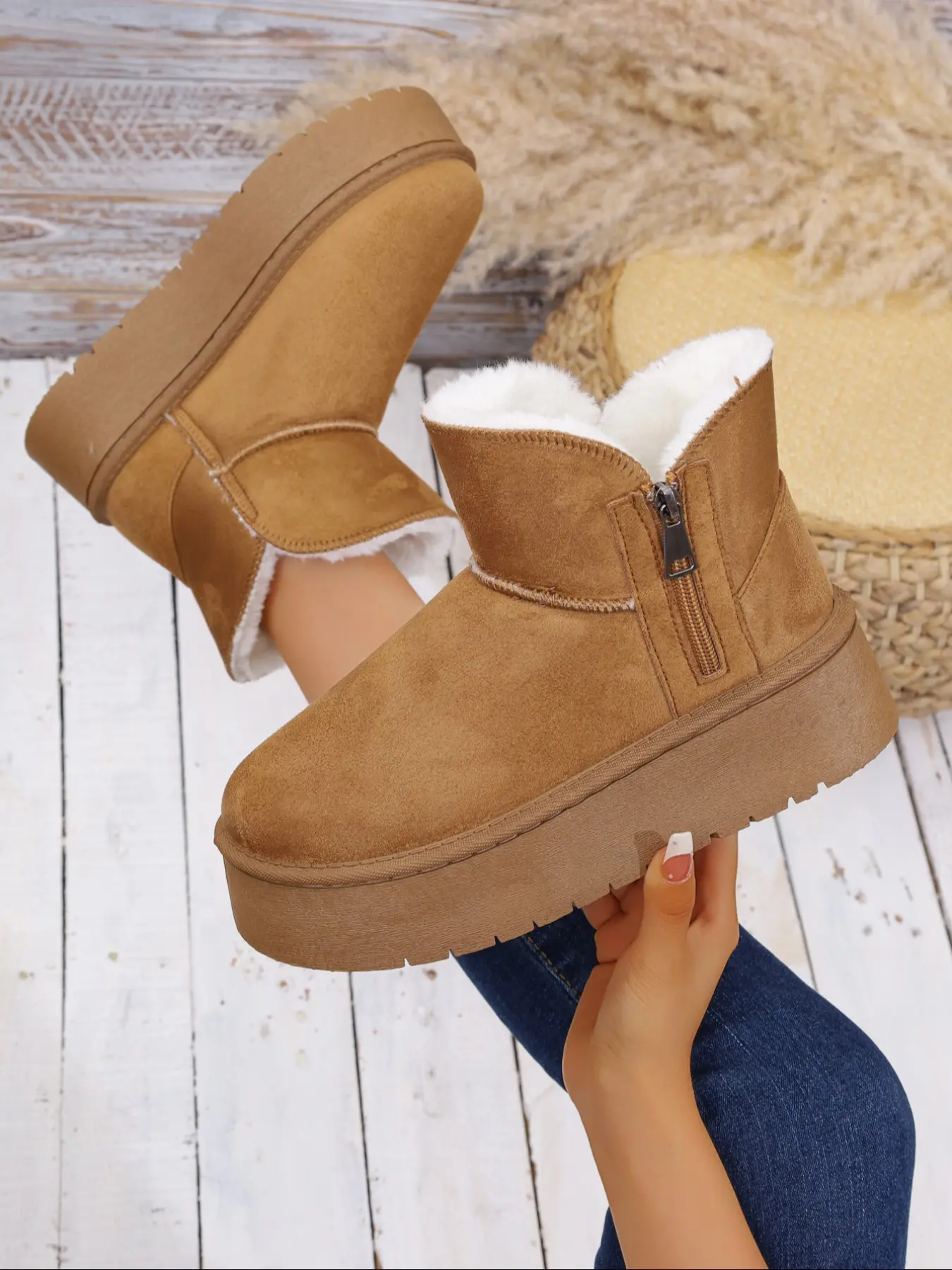 Women's Suede Snow Boots, Waterproof Winter Shoes, Anti-Slip Sole, Boho Style, Warm and Fashionable, Perfect for Cold Weather, Round Toe Boot