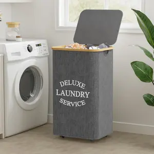 (110L) Large Laundry Basket (110L), Mobile Dirty Clothes Hamper with Cover, Printed Wheels Design, Wheeled Laundry Basket, Lining Included, for Bedroom, Living Room, Laundry Room