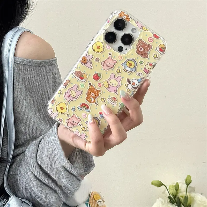 Crystal transparent white light IND | Yellow background polka dot little bear | Cartoon phone case Cover | Best friend gift | for Apple 11 12 13 14 15 16 17 Pro Max