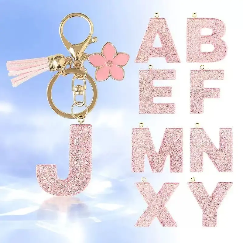 [SHS]Pink Glitter Alphabet Keychain, Cherry Blossom Tassel Bag Charm, Custom Letter Key Ring for Purse Backpack Decor