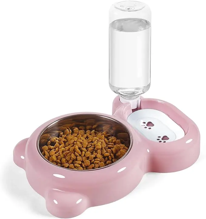 Stainless Steel Pet Water Bowl & Food Station Set with Dispenser - No Mess, Dishwasher Safe, Pink for Cats Small Dogs