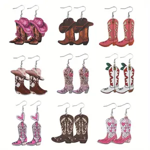 9 Pairs/set Western Style Cow Pattern Pattern Totem Cowboy Hat and Cowboy Boots Wooden Double-sided Pendant Earrings Retro Western Cowboy Earrings Women's Gift Set