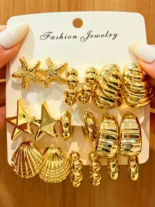 9 Pairs Retro Floral Ear Jewelry Set, Sea Star Shell C-Type Earrings, Daily Wear, Party, Travel, Gift for Mom and Girlfriend