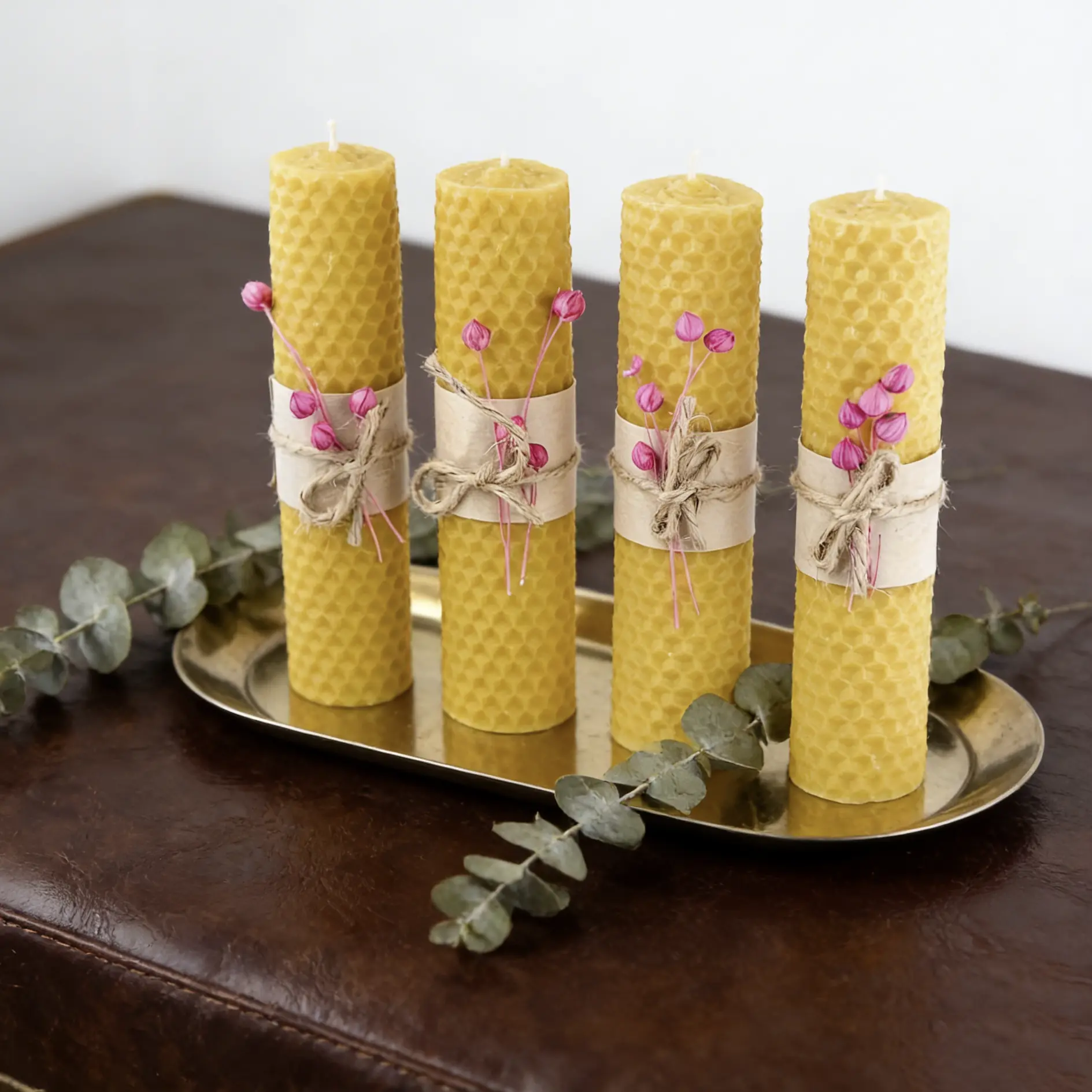 Nature 4-Pack Handmade Rolled Beeswax Pillar Candles - 5.5 in Honeycomb Texture, Blush Pink Dried Flower Decor, Unscented Clean Long-Lasting Burn, for Home Table Cozy Ambiance, Christmas Housewarming Gifts